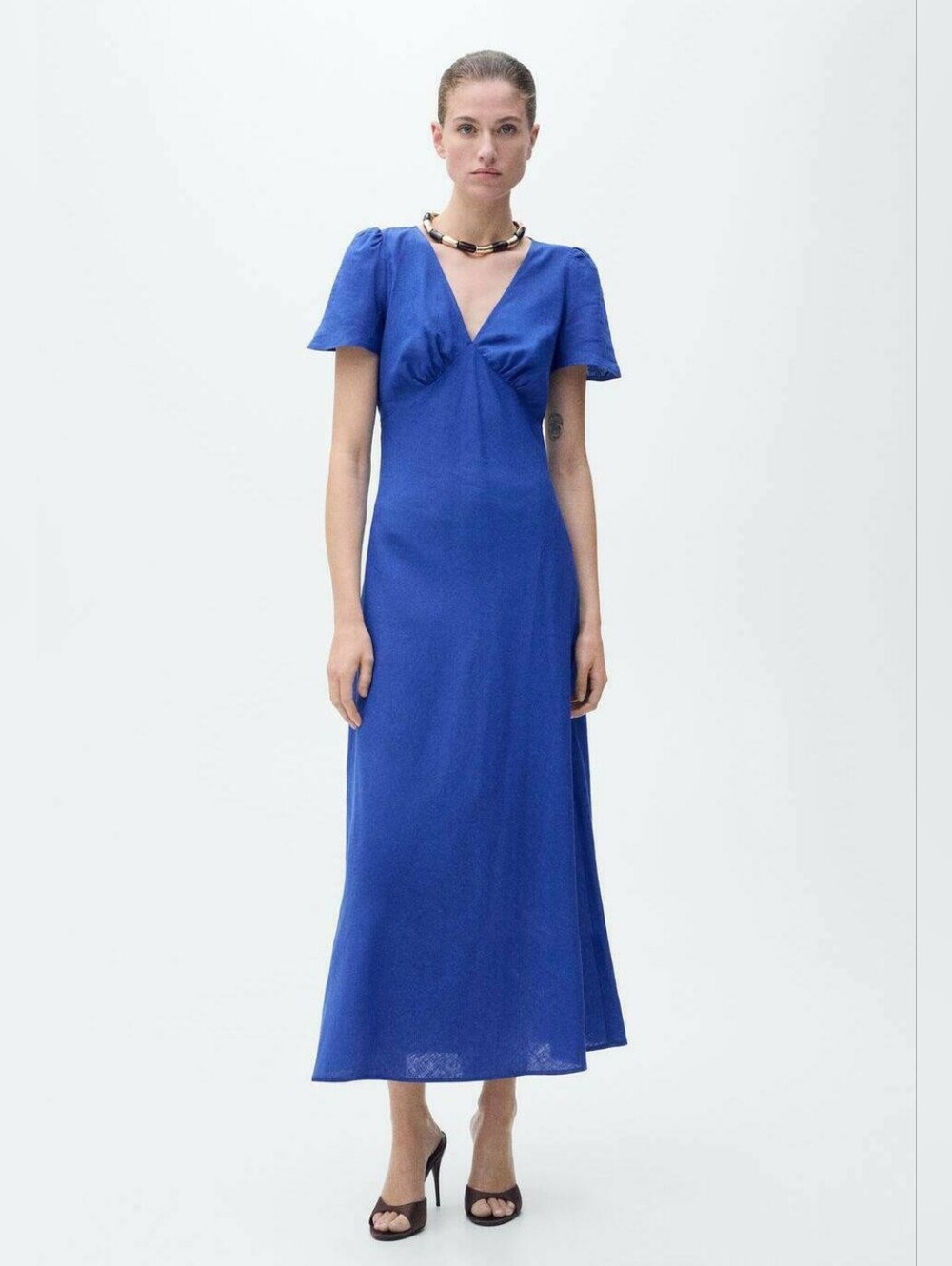 MANGO Blue Midi Linen Mix Dress Size 4 Side Zipper Flared Cut Summer Vacation